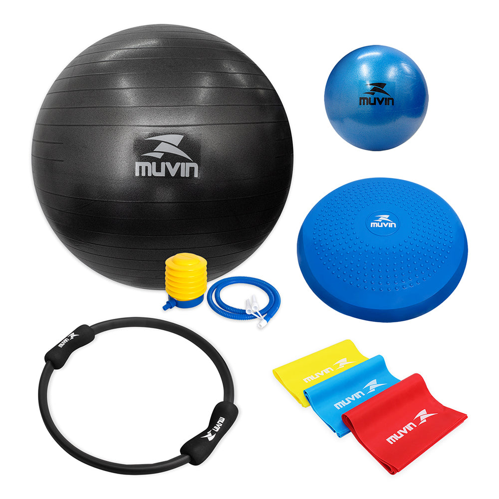 Kit Bola de Pilates 65cm + Overball 25cm + Balance Cushion + Anel